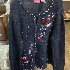 Pappagallo Navy Snowman Embroidered Cardigan